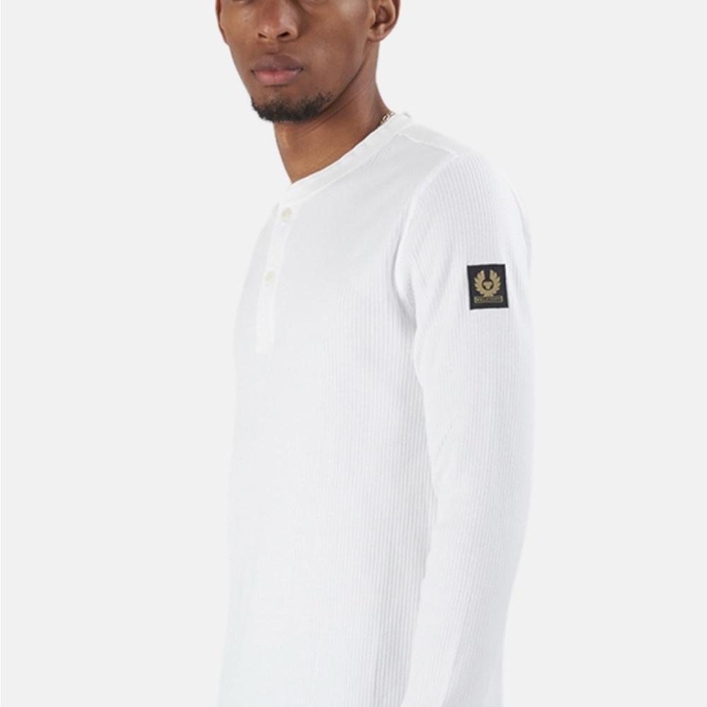 Belstaff imported White Ribbed Long Sleeve Henley Top Medium Shoulder emblem - Picture 8 of 8